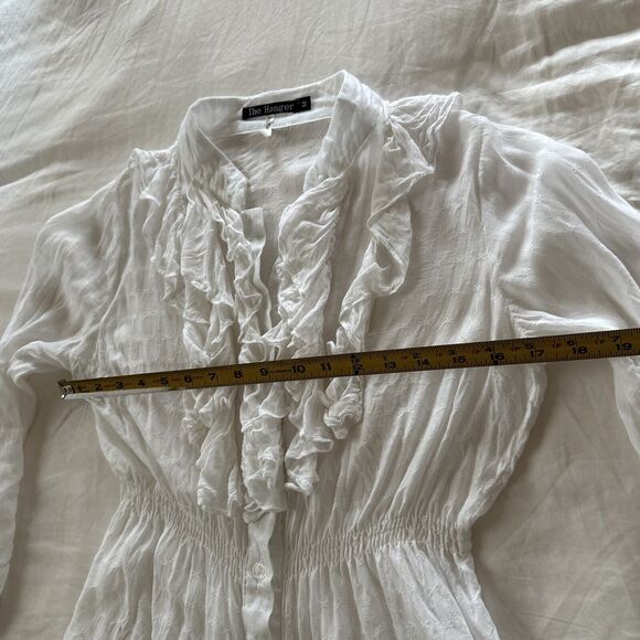 White Gauze Ruffle Front Button Up Blouse Juniors M Roll Tab Sleeve - Picture 8 of 9